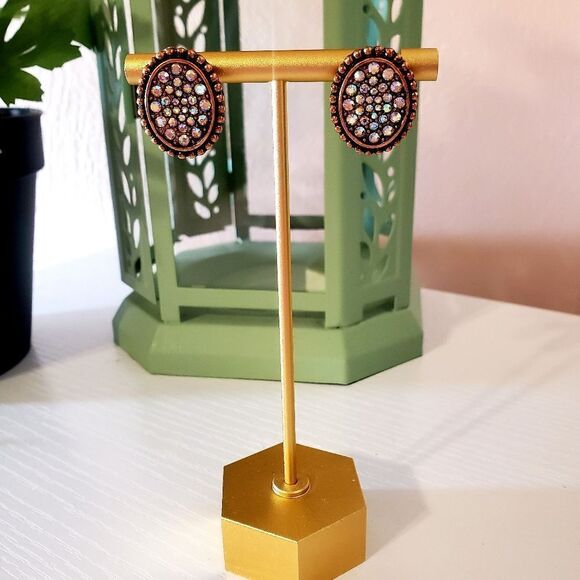 𝅺crystal Pave Coppertone Framed Oval Earrings, .75" - Picture 4 of 6